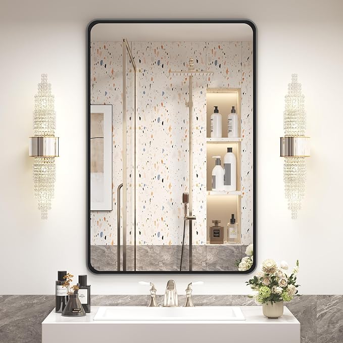 OKPAL 24X36 Inch Black Metal Framed Bathroom Mirror for Wall, Matte Black Rounded Rectangle Mirror Framhouse, Black Bathroom Vanity Mirror with Anti-Rust (Horizontal/Vertical)