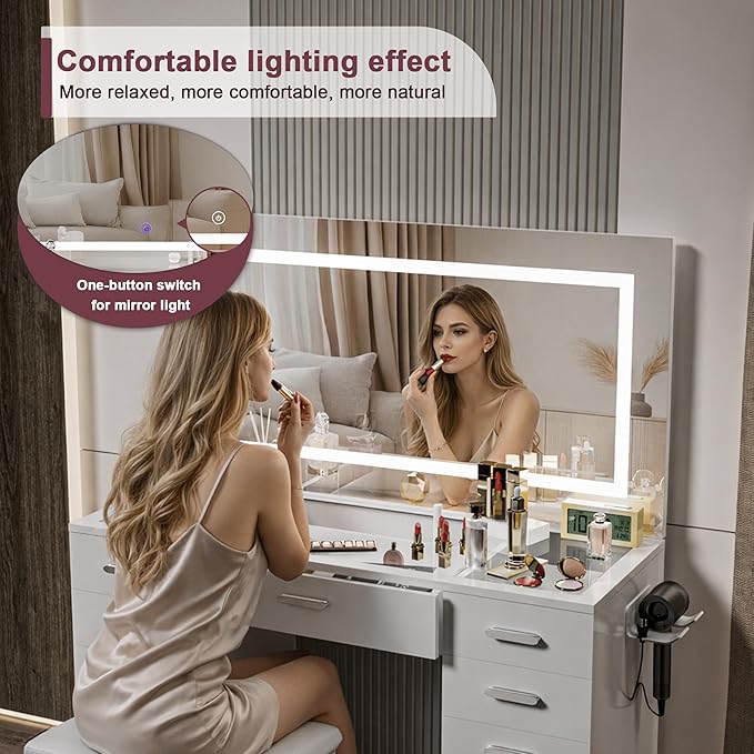 Vanity Desk with Mirror and Lights, 50" Makeup Vanity with Glass Top & Power Outlet, White Vanity with 11 Drawers & 8 Hidden Storage Shelves, 3 LED Lighting Modes Adjustable for Bedroom (WHITE)