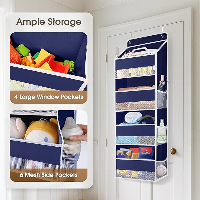 SpaceHacks 1 Pack Over The Door Organizer, Hanging Storage Organizer with Clear Window, 40lb Ultra Sturdy Large Capacity Room Organizer for Pantry Laundry Bathroom Nursery Closet (Blue)