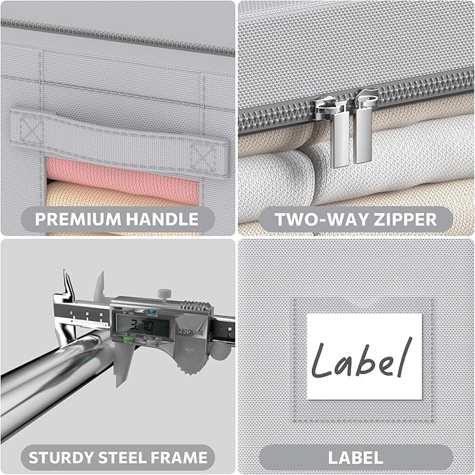 CYhom 3Pack Frame Storage Box - Clothes Storage Bin Bags Oxford Fabric Foldable Stackable Container Organizer Set with Clear Window & Carry Handles Large Capacity (Grey, Large-66L)