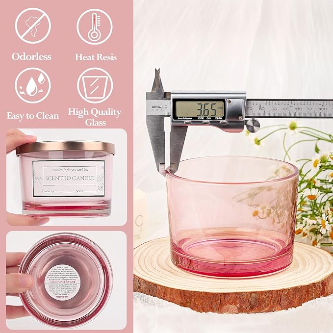 CONNOO 6 Pack 16 oz Candle Jars - 3 Wicks Pink Empty Glass Wide Mouth Candle Jars come with Metal Lids Sticky Warning Labels and a Candle Wick Kit for Candle Making- Dishwasher Safe