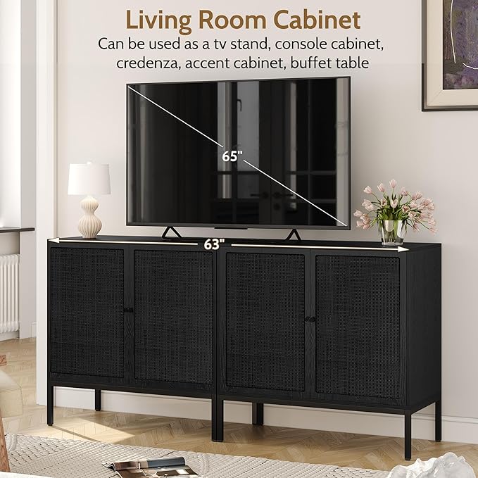 Yechen Full Black Rattan Cabient, Boho Sideboard Cabinet with Natural Rattan Decorated Doors, 31.5" W Accent Cane Credenza Buffet Console Storage, for Living Room Entryway Kitchen, Metal Legs/Set of 3