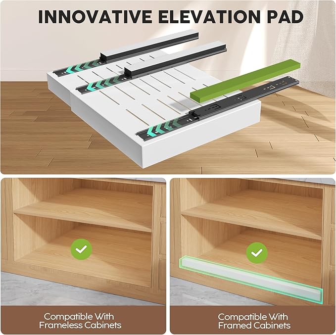 Seinloes 2 Pack Pull Out Cabinet Organizers 16.5" Deep With Raising Pad for Framed Cabinets,Expandable Slide Out Drawers Upgrade 3 Slide Rails,Roll Out Shelves,Adjustable Width 12.1"-20.45" White