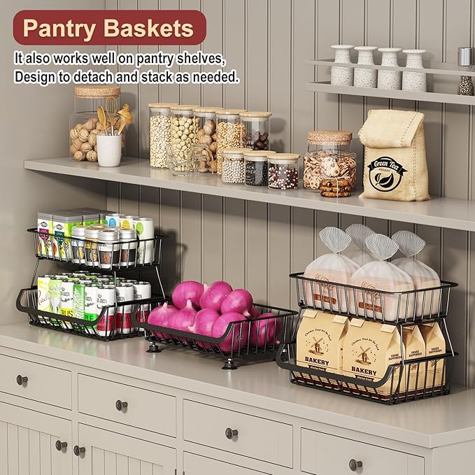 3-Tier Rolling Pantry Cart with Wheels, Stackable Wire Storage Floor Organizer for Kitchen Pantry Snack Shelves, Fruit Basket Stand, Vegetable Storage Rack for Food Snacks Onion Potato, Black, 2 Pack