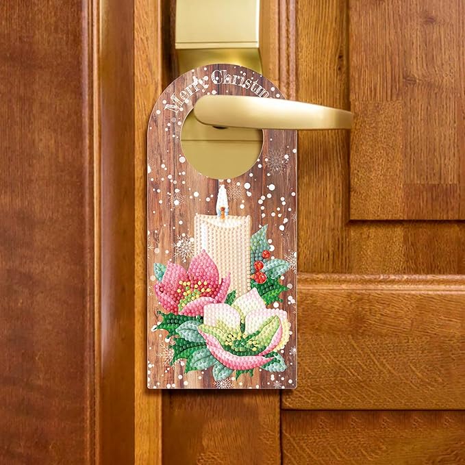 5D Diamond Art Painting Christmas Candle Door Knob Hanger Decorations DIY Kits Wood Diamond Art Christmas Door Handle Hanging Sign Special Shaped Gem Paint by Number Mosaic Home Room Front Door Decor