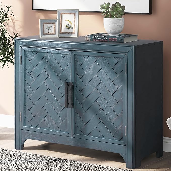 Amposei Wooden Accent Cabinet 40-Inch Vintage Sideboard Coffee Bar 2-Door Entryway Storage Cabinet with Adjustable Shelf for Living Room Entrance, Antique Blue