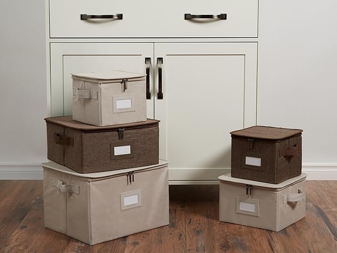 Covermates Dish Storage Box Set – China & Dinner Plate Storage Containers with Felt Dividers, Dual Zippers, Reinforced Handles, ID Window & Stackable Design, Brown Heather