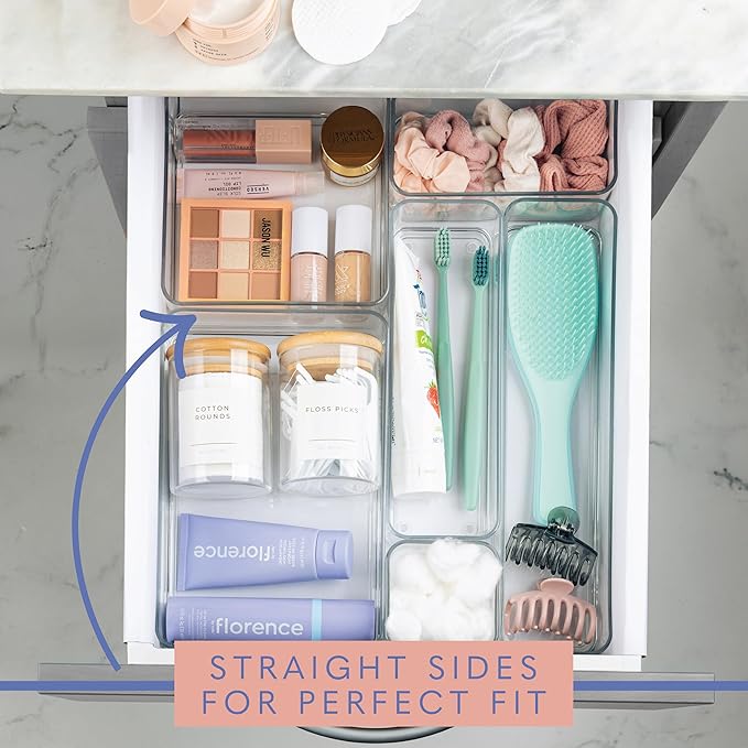 primebox Plastic Clear Drawer Organizers. Bathroom, Kitchen, Bedroom, Jewelry, Office Organizer Bins, Storage Trays. Heavy Duty, Stackable. 9" x 3" x 2" Set of 6