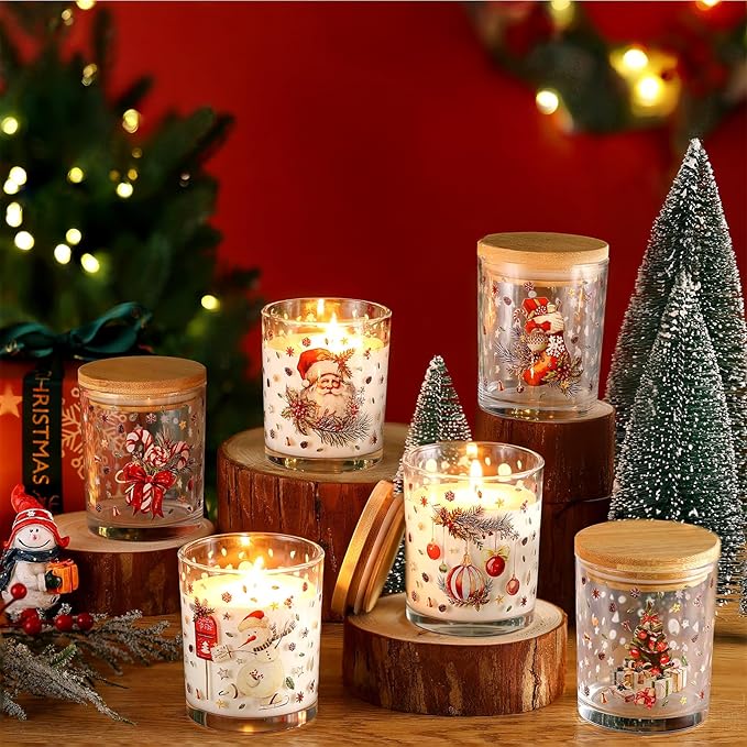 Ziliny 12 Pack 7 oz Christmas Glass Candle Jar with Wood Lids Xmas Retro Thick Empty Jars for Making Candles Small Holiday Container Bulk for Gifts Making DIY Party Supplies Accessories