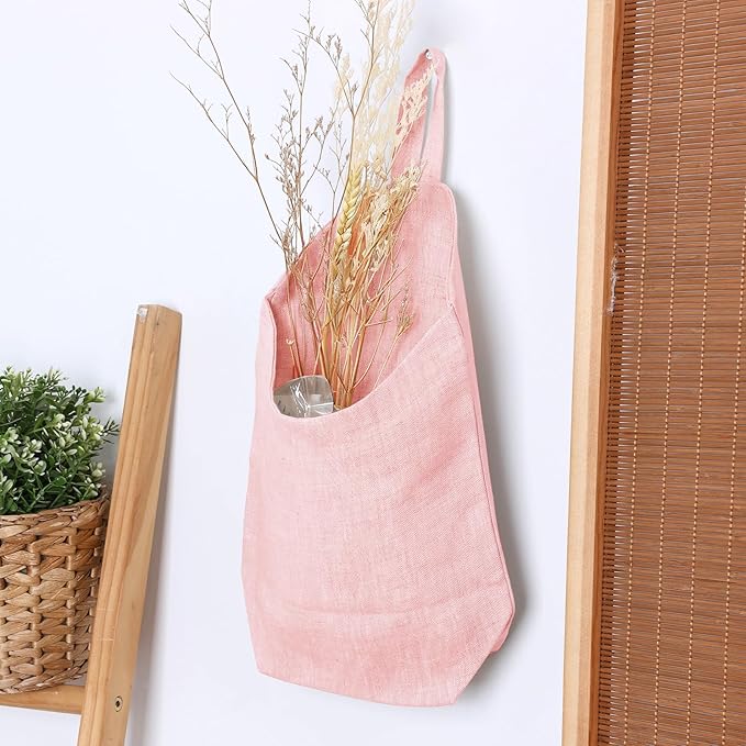 100% Linen Hanging Storage Bags Baskets 2 Pcs, Small Wall Storage Bag for Kitchen, Bedroom, RV Camper Organizer, Sewing Room, Nursery Storage, Kids Room (Pink)