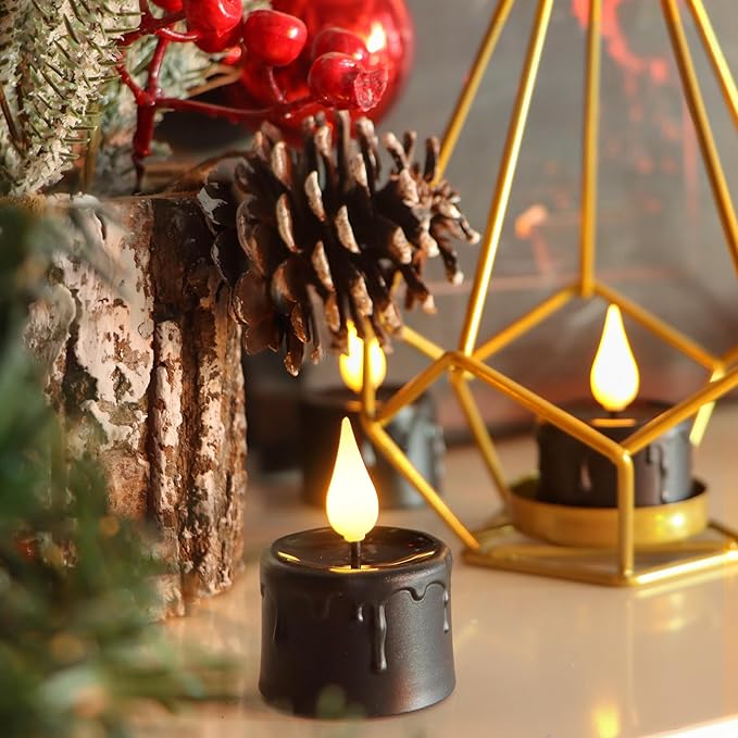 Daord 6 pcs Rechargeable Halloween Black Flameless LED Tea Light Candles Halloween Pumpkins Lights for Holiday Decor, Theme Party Decor(Black)