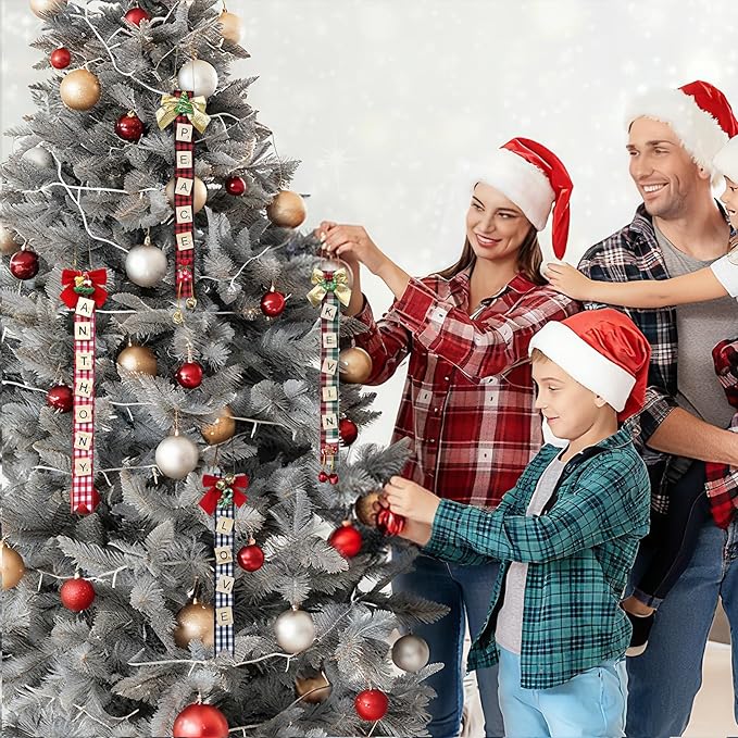 Christmas Ornaments Tree Decorations Personalized Crafts for Adults Kit DIY Ribbon Letter Tiles Bells Rustic Stockings Name Tags Hanging Xmas Decor for Gifts Wreath Holiday(Plaid)