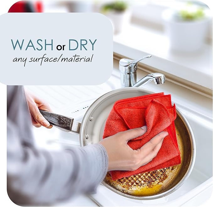 Hearth & Harbor Microfiber Cleaning Cloth, Towels for Cars 24 Pack Washcloths, Red Rags, Reusable Towel, Cloth Rags Cleaning, Lint Free 12x12inch