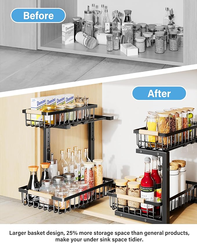 Under Sink Organizer Storage for Families: Pull Out Storage Undersink Organizers Drawer Cabinet - Sliding 2 Tier Rack Metal Organization Under Counter Kitchen Bathroom for Homemakers(Black,2 Pack)