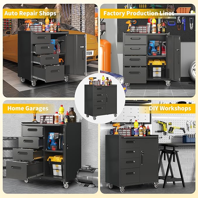 Garage Storage Cabinets with Wheels, Locking Metal Storage Cabinets with 4 Drawers and 1 Door, Easy Assembly Rolling Tool Cabinet for Garage, Basement,Warehouse