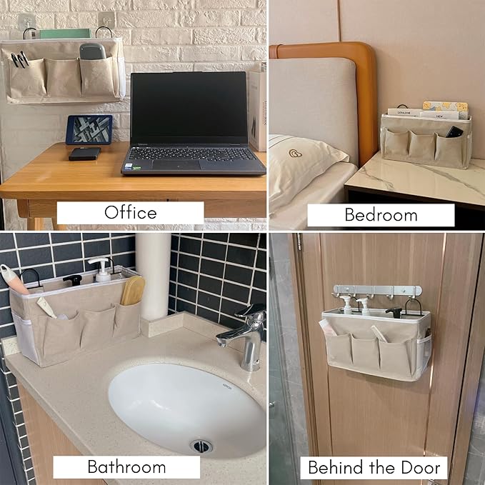 Kanrichu 2pcs Light-Style Wall Hanging Storage Bag, Linen Fabric Door Hanging Organizer Baskets with Pockets, Waterproof Bin for Bedroom, Kitchen, Office, RV Camper (LightKaki-2pcs)