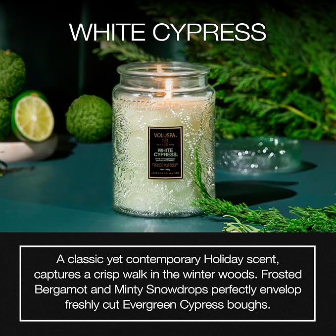 Voluspa White Cypress,Large Candle Jar,18 Ounce,100 Hour Burn Time, & Coconut Wax for Clean Burning,Handcrafted in The USA