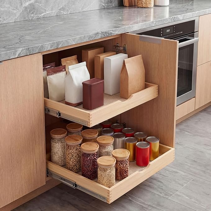Menkxi 2 Set Wooden Pull out Cabinet Organizer Fully Assembled Slide out Pantry Drawer with Gentle Close Storage Shelf Tray for Base Kitchen Under Sink Bathroom Accessory(Wood Color,24'' X 21'' X 3'')