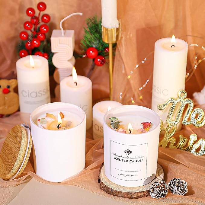 CONNOO 12 Pack 10 OZ White Glass Candle Jars for Making Candles with Airtight Bamboo Lids Nice Sticky Warning Labels for Candle Making Empty Container Bulk - Dishwasher Safe