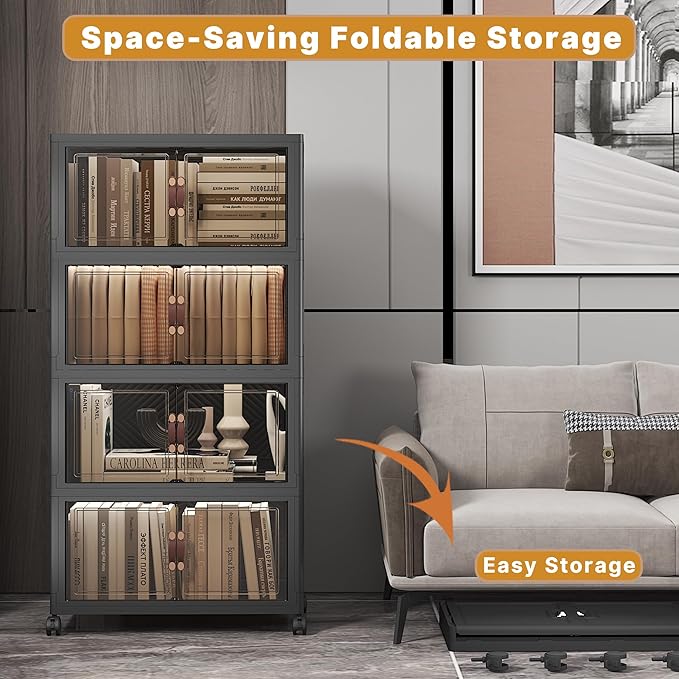 UAMFURI Stackable Storage Bins with Lids 192QT-48QT*4Pack Folding Storage box with Doors and Wheels, Collapsible Plastic Bins Stackable Organizer and Containers for Home, Garage, Office