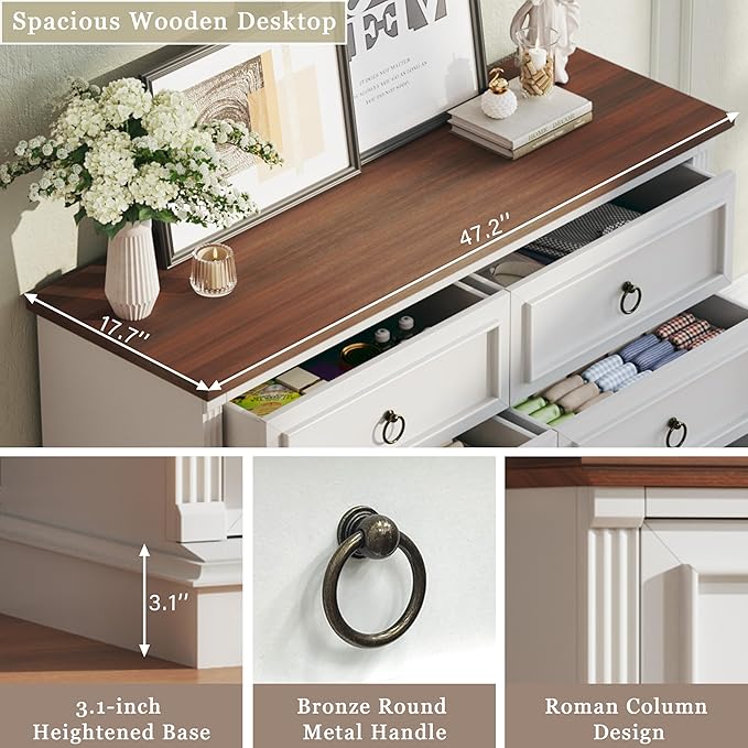 HUAHUU Farmhouse 6 Drawer Dresser for Bedroom, 47" Wide Chest of Drawers with Roman Column, White Wood Dresser with Antique Bronze Circle Handles, Storage Organizer for Living Room, Hallway, Entryway