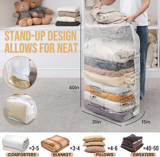 TAILI 6 Pack Vacuum Storage Bags, Jumbo Cube (31x40x15 Inch), Extra Large Vacuum Seal Bags for Clothing, Comforters, Blankets, Pillow, Bedding, Closet Organization Space Saving, Cream