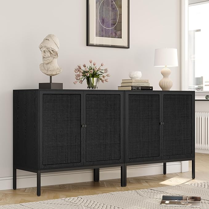 Yechen Full Black Rattan Cabient, Boho Sideboard Cabinet with Natural Rattan Decorated Doors, 31.5" W Accent Cane Credenza Buffet Console Storage, for Living Room Entryway Kitchen, Metal Legs/Set of 3