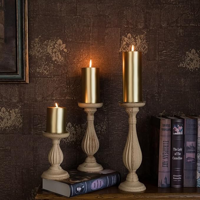 MOZEAL 3" x 4" Hand-Poured Unscented Candle,Dripless Pillar Candle Set of 3,Long Clean Burning,Approx 72 Hours Burn Time,Rustic Country Style,Wedding,Dinner,Christmas and Home Decor,Gold
