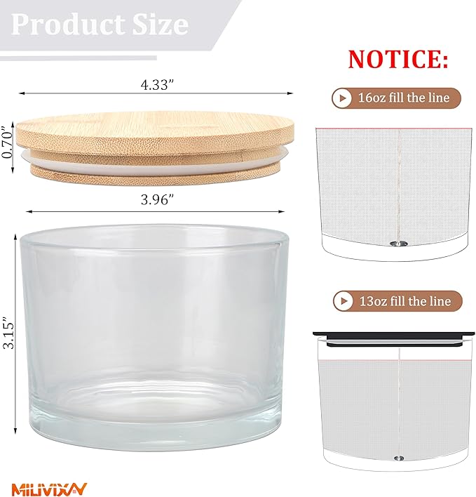 MILIVIXAY 6 Pack 16 oz Candle Jars with Bamboo Lids and Candle Making Kits - 3 Wick Candle Jar,Bulk Empty Clear Thick Glass Jars for Making Large Candles - Spice, Powder Containers.