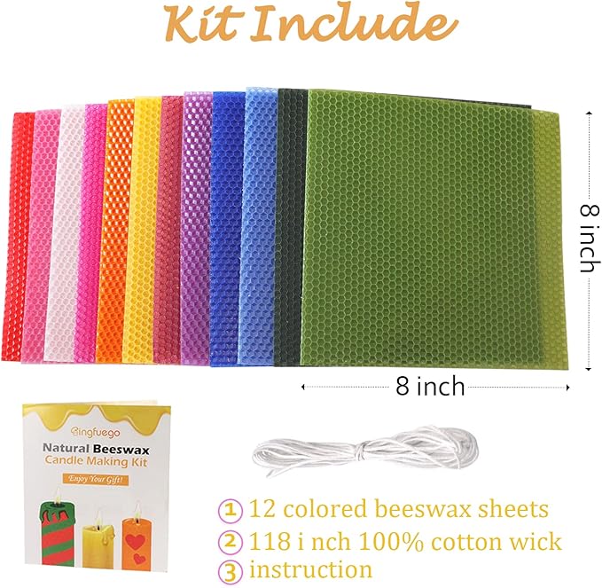 Bingfuego Beeswax Candle Making Kit for Kids - 12 Sheets for Rolling, Natural Bright Color (8 x 8 Inch)