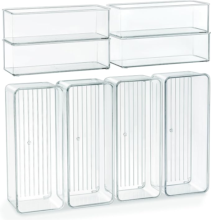 Qilinba 8 PACK Drawer Organizer Bins Bathroom Deep Drawer Organizer Tray for Cutlery Vanity Make-up, Clear Stackable Storage Bins for Kitchen Cabinet Closet Counter Organization and Storage