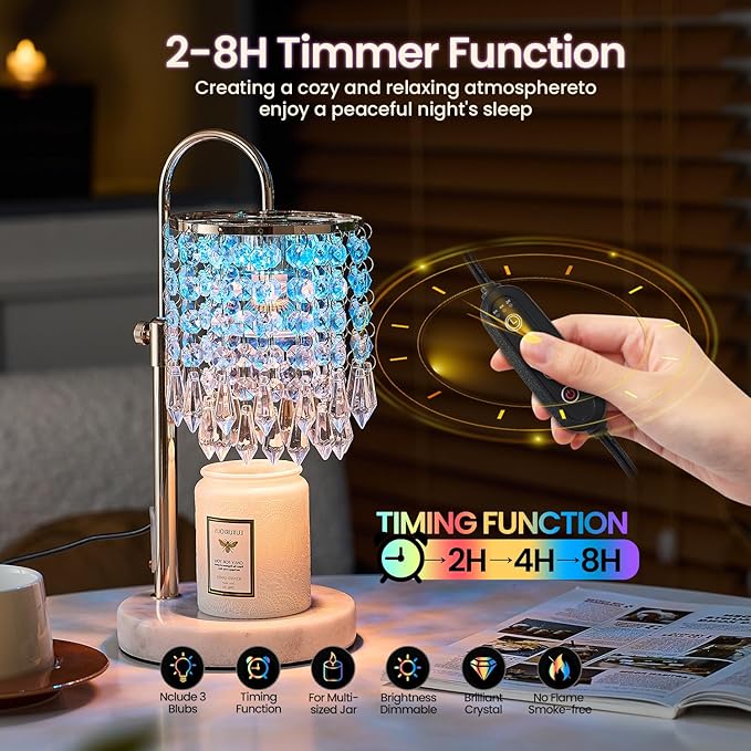 Candle Warmer Lamp with Timer Dimmer and 3 Bulbs, Lamp Candle Warmer with Marble Base,Wax Melt Warmer for Jar Candles, Birthday Gifts for Women Mom, House Warming Gifts New Home Decor