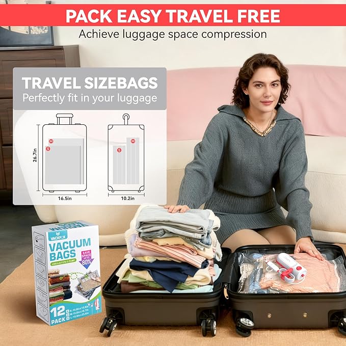 12 Pack Vacuum Bags for Travel with USB & TYPE C Pump,Compression Packing Cubes for Luggage,Carry-on Space Saver Vacuum Seal Bags&Vacuum Storage Bags for Vacation(Red)