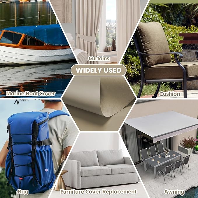 Waterproof Marine Canvas Fabric by The Yard 58" W 600D PVC Backing Water-Resistant Polyester Fabric Upholstery Material for Outdoor Indoor Marine Awning Tent Boat Furniture Cover DIY, 5 Yards Khaki