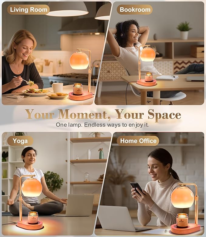 Amber Glass Candle Warmer Lamp Adjustable Height Dimmer 2 4 8 Hour Timer Dark Wood Base Wax Melter Includes Scented Candle and 2 Bulbs for Cozy Bedroom Living Room Home Decor