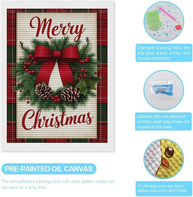 AIVKIEJK Diamond Painting Kits for Adults - Merry Christmas Red Bow & Pine Cones Painting DIY 5D Full Drill Diamond Dots Paintings with Diamonds Gem Art and Crafts Home Decor 12"x16"