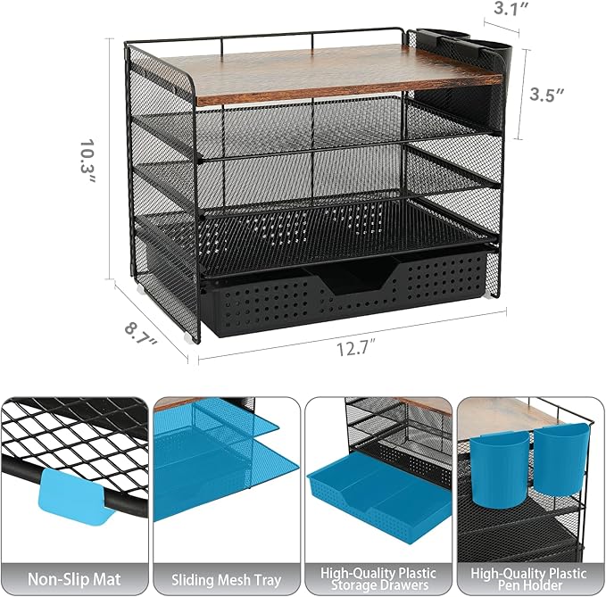 LEKETREE Desk Organizers and Accessories, 5-Tier Paper Letter Tray Organizer with Drawer & 2 Pen Holders, Desktop Organizer for Office Supplies (Wood)
