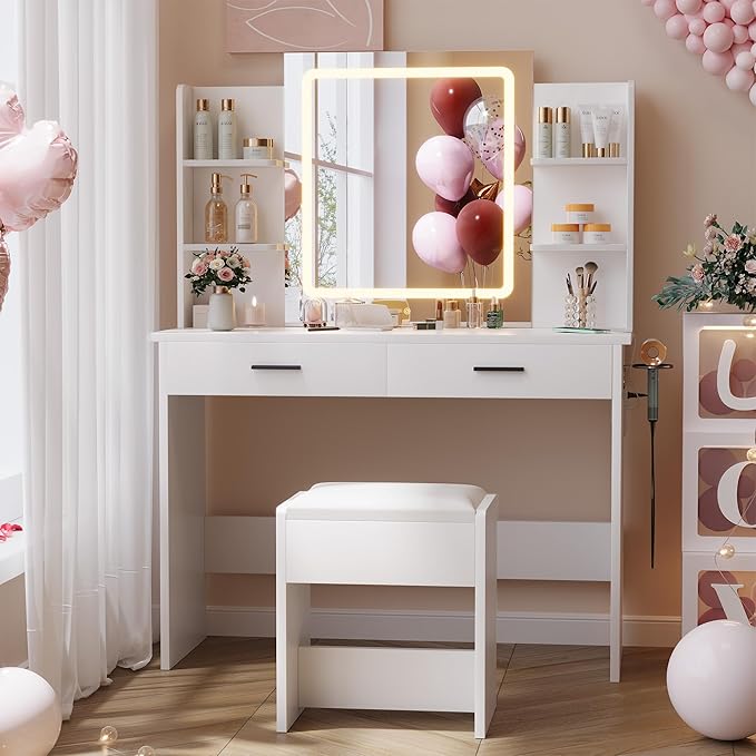 YIKEHOME Makeup Vanity Desk with Mirror and Lights, Makeup Table with 2 Large Drawers, 3 Color Modes Adjustable Bulb, Power Outlet and Round Holder, Dressing Table for Women Girls Bedroom