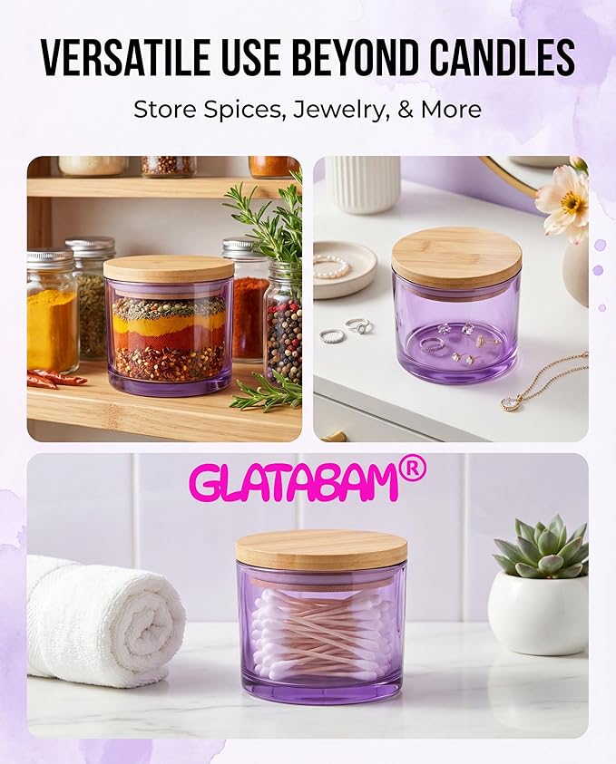 GLATABAM 4 OZ Candle Jars 12 Pack - Bulk Glass Candle Making Jars with Bamboo Lids & Labels, Heat Resistant Empty Reusable Candle Vessel for Containers(Purple)