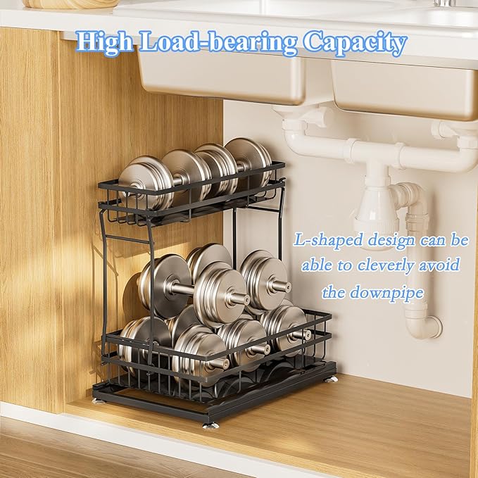 2 Pack Under Sink Organizers and Storage, 2 Tier Pull Out Cabinet Organizer, Metal Sliding Drawer Storage for Kitchen Bathroom，Black
