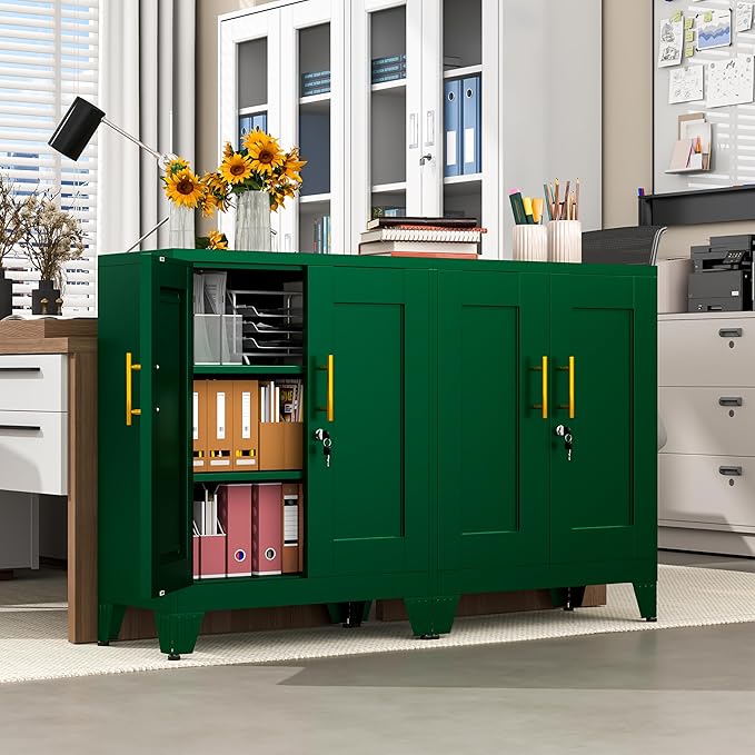 Green Metal Storage Cabinet, 36" Tall Locking Storage Cabinet with 2 Adjustable Shelves, Steel Locker Organizer, for Office, Home, School, 2PS