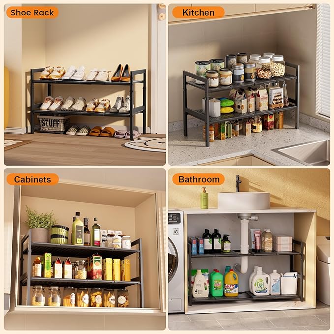 Under Sink Organizer and Storage 16.5"-30.7" Expandable Length, Adjustable Height Max 16.7" Under Sink Shelf 2 Tier with Removable ABS Panels Metal Frame for Bathroom Kitchen Pantry Cabitnet Pot Pan