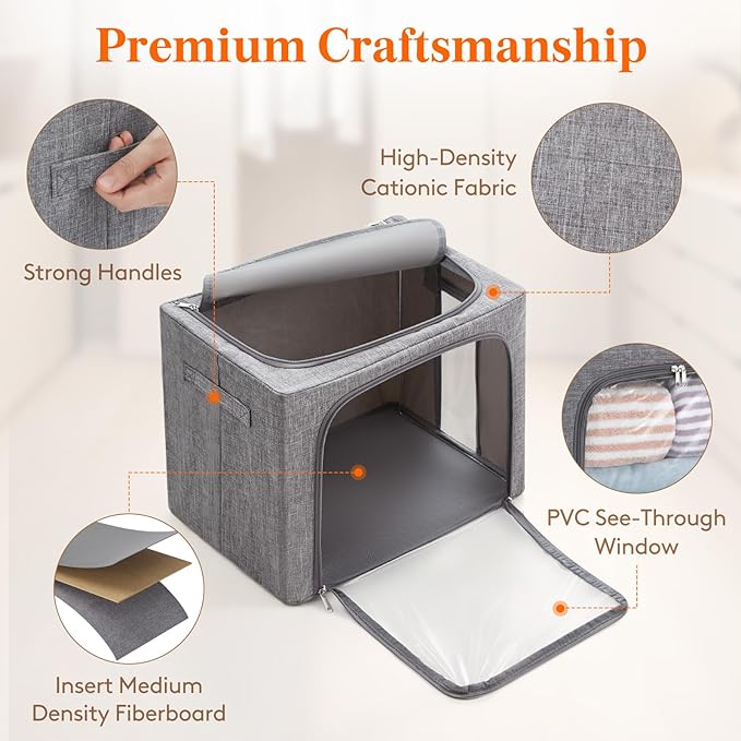 Lifewit Clothes Storage Bins with Metal Frame, Stackable Storage Box, Foldable Clothing Storage Bins with Lids, 40L Storage Bags Fabric Box Organizer with Clear Window＆ Zippers＆ Sturdy Handles 6 Pack