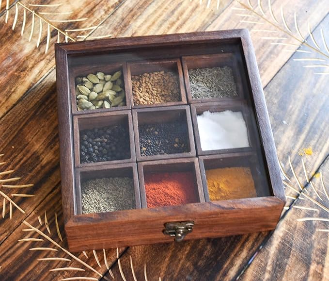 Masala Dabba Indian Wooden Spice Box with Glass Top and Spoon - Sheesham Rosewood (8 inch spice box)