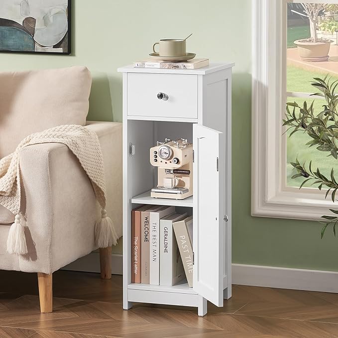 Iwell Bathroom Floor Cabinet, Small Bathroom Storage Cabinet with Drawer & Storage Shelf, Free-Standing Organizer Cabinets for Hallway/Living Room, White