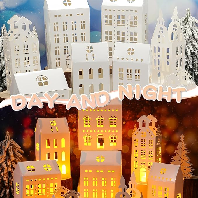 Reallnaive 20 Pcs Large 8" Christmas Cardboard Village Houses Set Xmas DIY Village Houses with LED Candle Paper Home and Tree Figurine Scene Desktop Ornament for Home Party Decor(Retro,White)