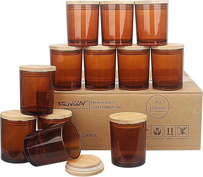 MILIVIXAY 12 Pack 7 OZ Amber Thick Glass Candle Jars with Lids - Bulk Empty Candle Jar for Making Candles - Spice, Powder Containers.