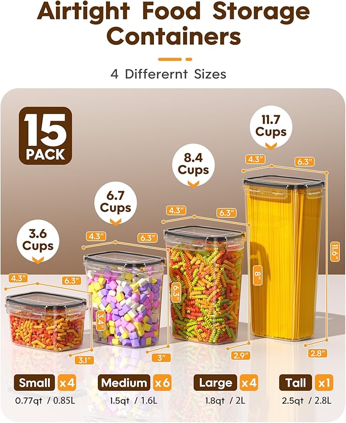 KEMETHY 15 Pack Airtight Food Storage Containers with Lids, Kitchen Pantry Organizers and Storage, BPA-Free Plastic Food Canisters for Cereal, Flour, Sugar, Pasta, Dry Food, Include Labels & Marker