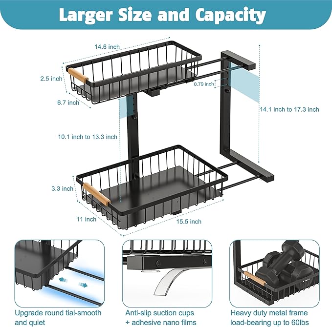 Liuoud Under Sink Organizer Storage 1 pack, 2 Tier Slide Out Height Adjustable Pull Out Cabinet Organizer Drawers, Kitchen Bathroom Large Capacity Metal Under Sink Rack Caddy Basket Shelves, Black