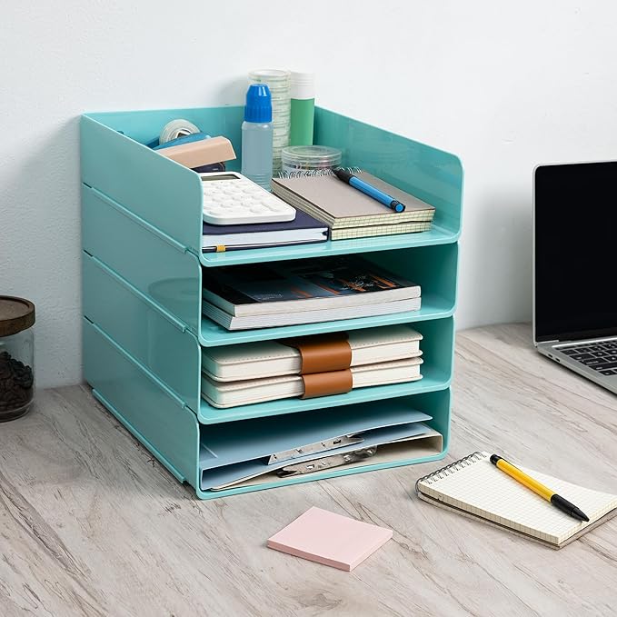 Tiawudi Desk Organizer, Office Organization and Storage, Plastic Letter Tray, Stackable File Organizer for Classroom, Home, Documents, Notes, Folders, Books and Pens, 4 Tier